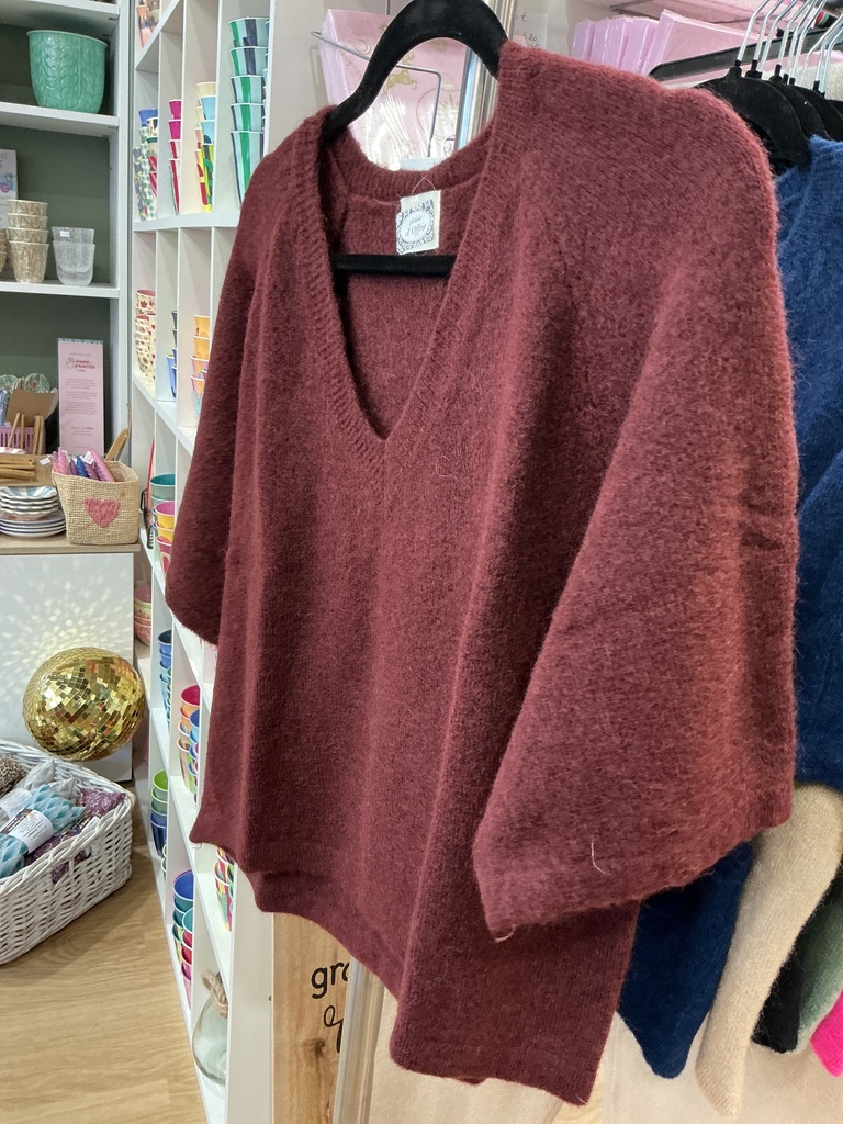 Pull bébé alpaga col V manches 3/4  bordeaux 