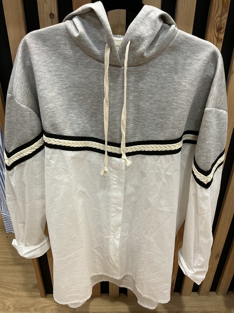 Chemise oversize blanche capuche grise 