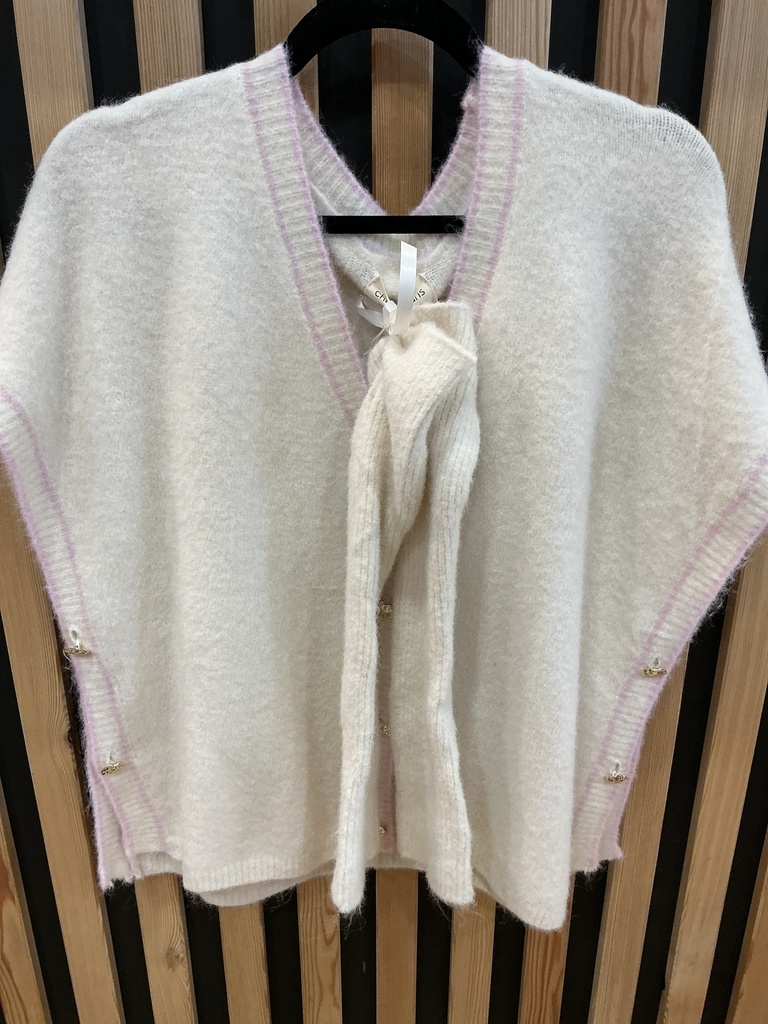 Pull sans manches et mitaines écru et rose