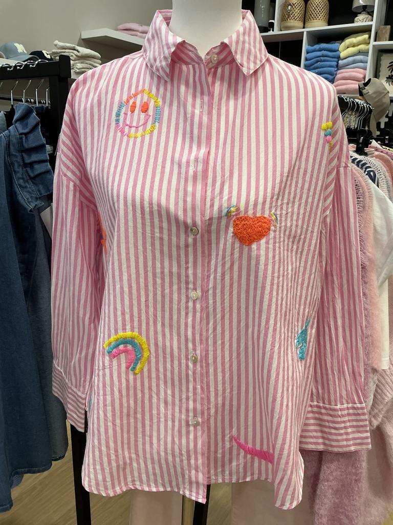Chemise rayée rose broderies couleurs 