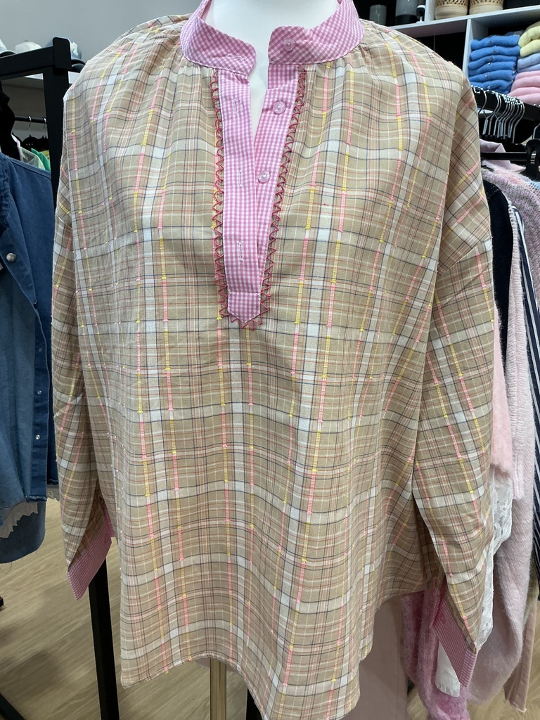Blouse vichy rose et camel