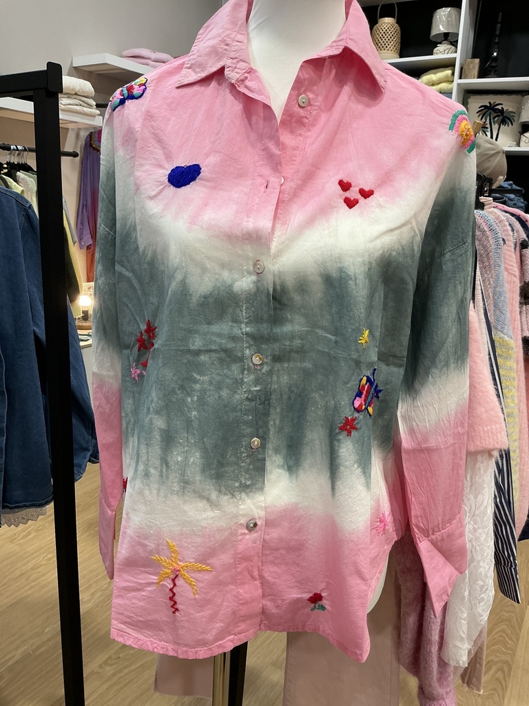 Chemise tie And Dye rose et gris broderies