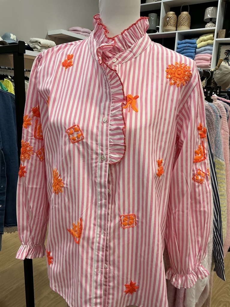 Chemise rayée rose col volant broderies orange 