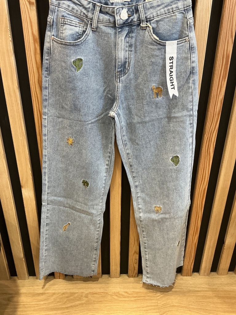 Jeans large 7/8 bleu broderies