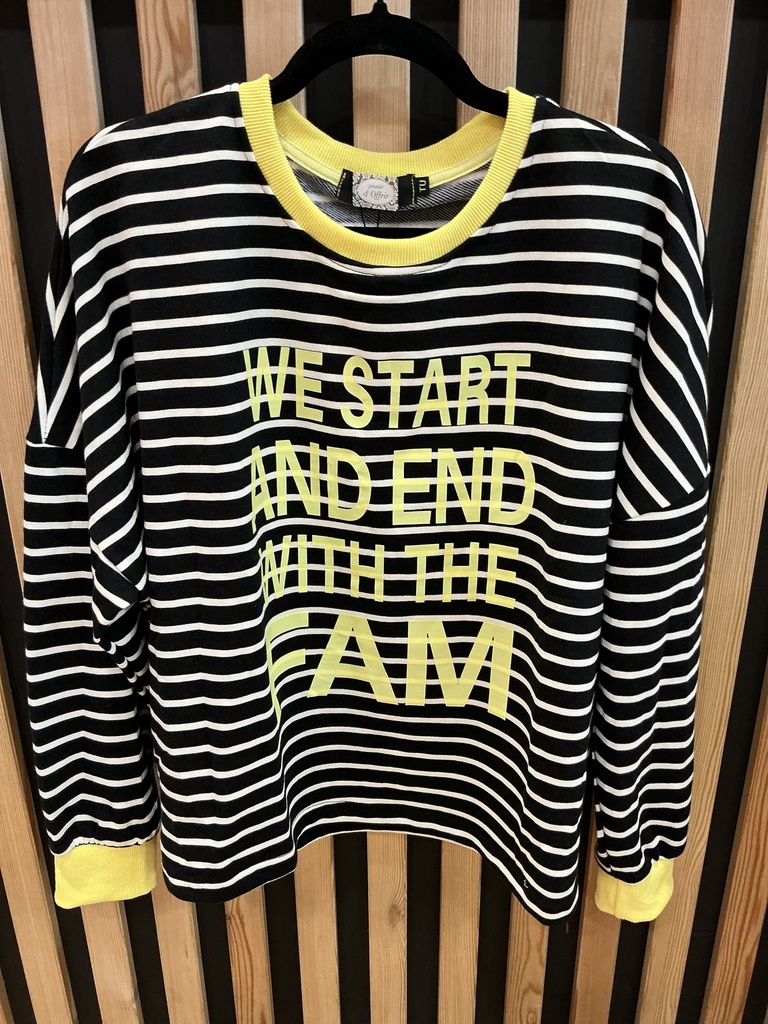 Sweat-shirt rayé noir et blanc texte jaune fluo
