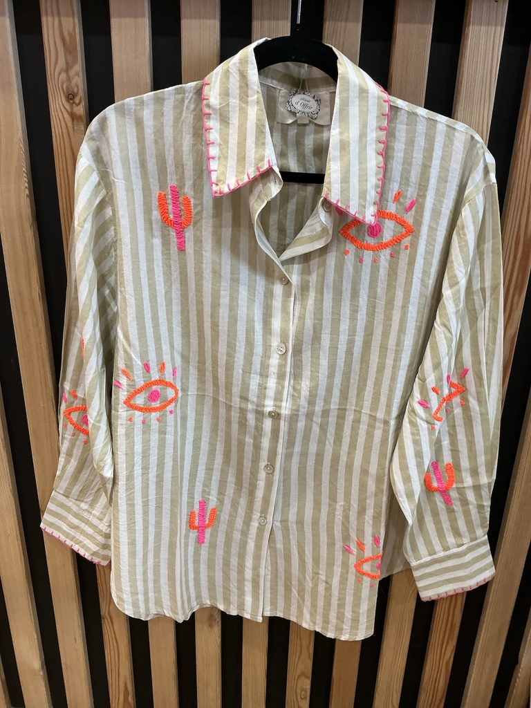 Chemise rayée beige broderies fluo