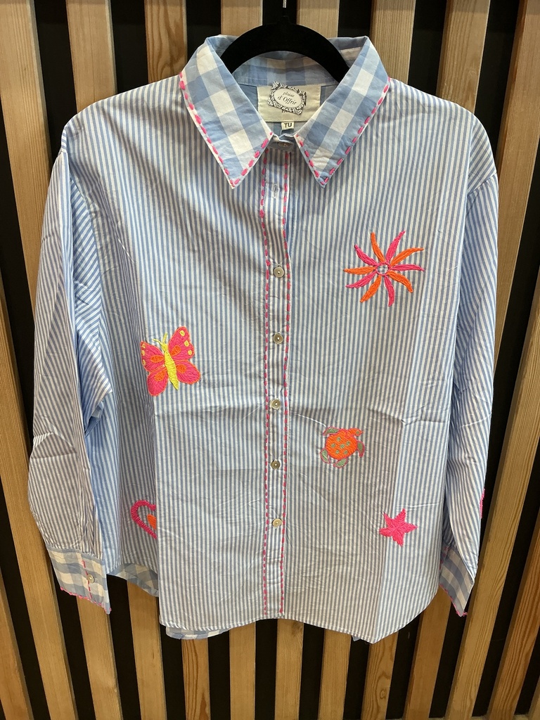 Chemise rayée broderies fluo 