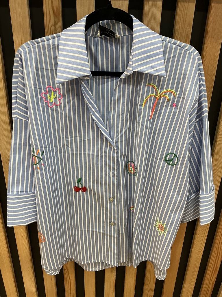 Chemise rayée broderies fluo 