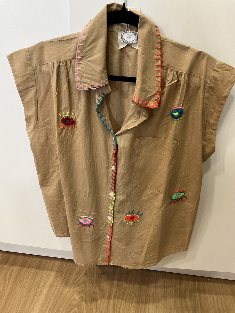 Blouse manches courtes camel broderies 