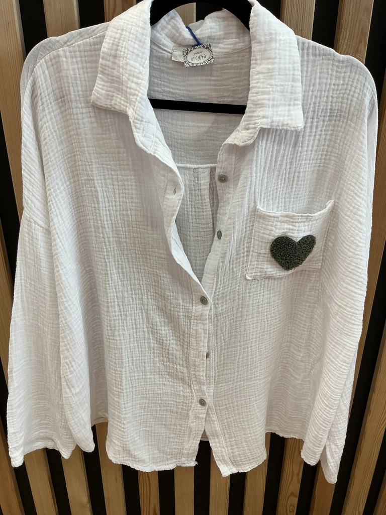 Chemise gaze de coton blanc et kaki coeur
