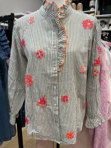 Chemise rayée gris col volant broderies rose et orange