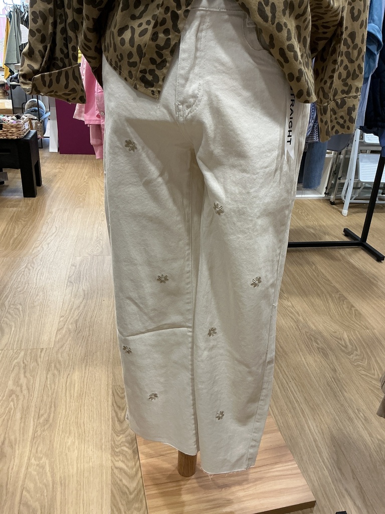 Jeans large écru fleurs 