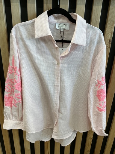 Chemise vichy manches brodées rose