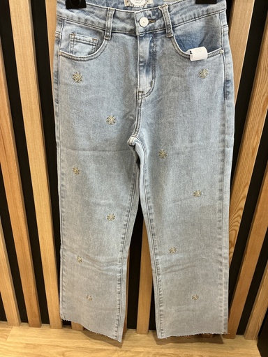 Jeans flared 7/8 bleu fleurs 