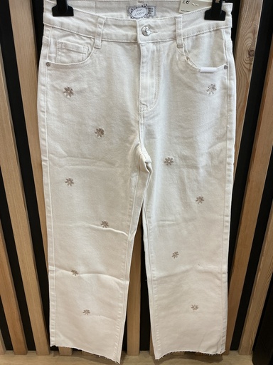 Jeans flared 7/8 écru fleurs 