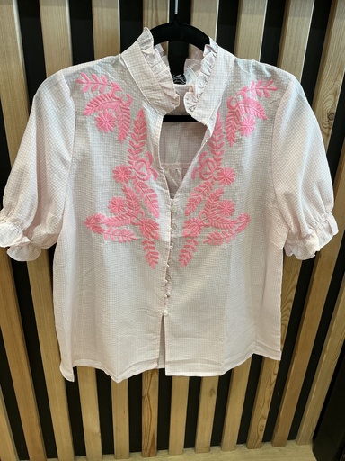 Chemise manches courtes vichy rose broderies rose