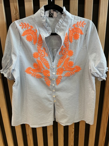 Chemise vichy bleu manches courtes broderies orange 