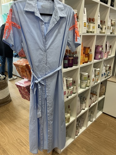 Robe chemise bleu broderies orange 