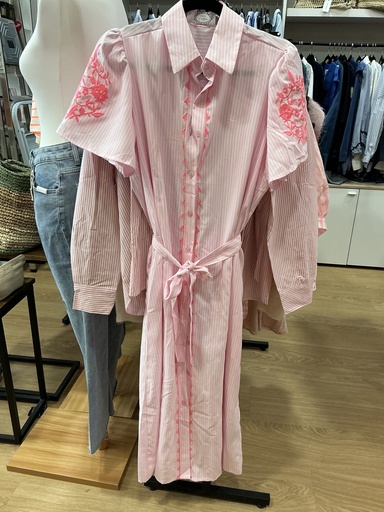 Robe chemise rayée rose broderies rose