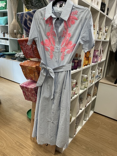Robe chemise rayée broderies rose 