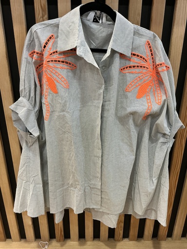 Chemise rayée gris palmiers orange 