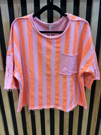 Sweat-shirt rayé rose et orange fluo