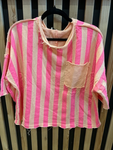 Sweat-shirt rayé mandarine et rose fluo