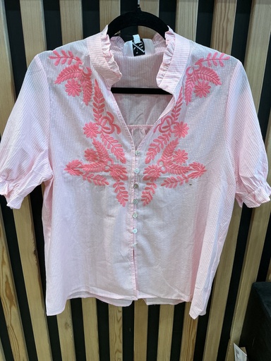 Chemise rayée rose manches courtes broderies rose 