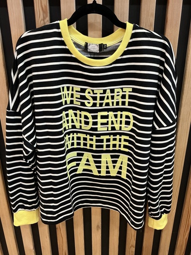 Sweat-shirt rayé noir et blanc texte jaune fluo