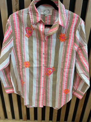 Chemise rayée beige et corail fluo 