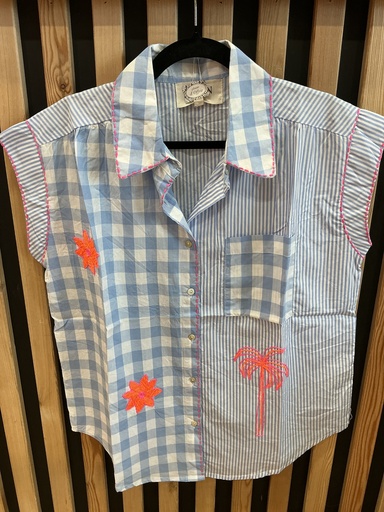 Chemise manches courtes carreaux et rayures bleu 