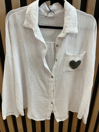Chemise gaze de coton blanc et kaki coeur