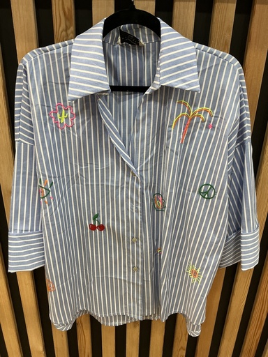 Chemise rayée broderies fluo 