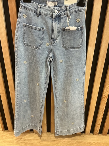 Jeans large 7/8 bleu fleurs 