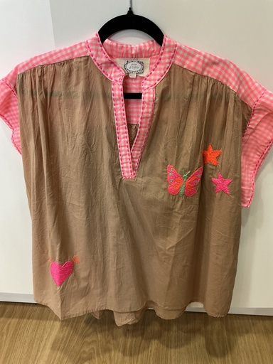 Blouse manches courtes camel et rose 