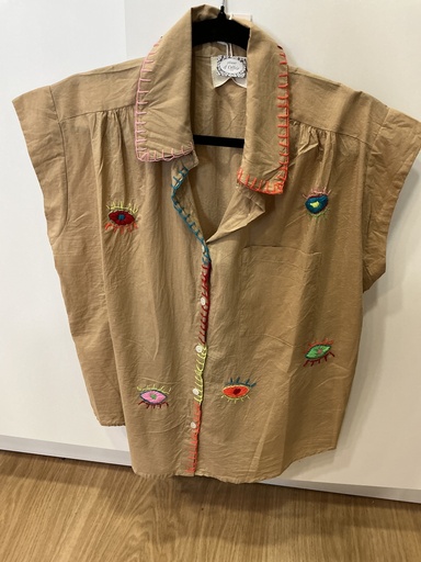 Blouse manches courtes camel broderies 