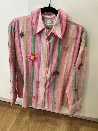 Chemise rayée rose et vert broderie 
