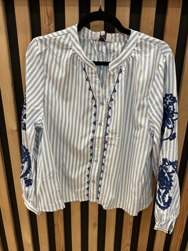 Chemise col rond rayée bleu et marine 