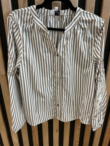 Chemise col rond rayée beige et Gold 