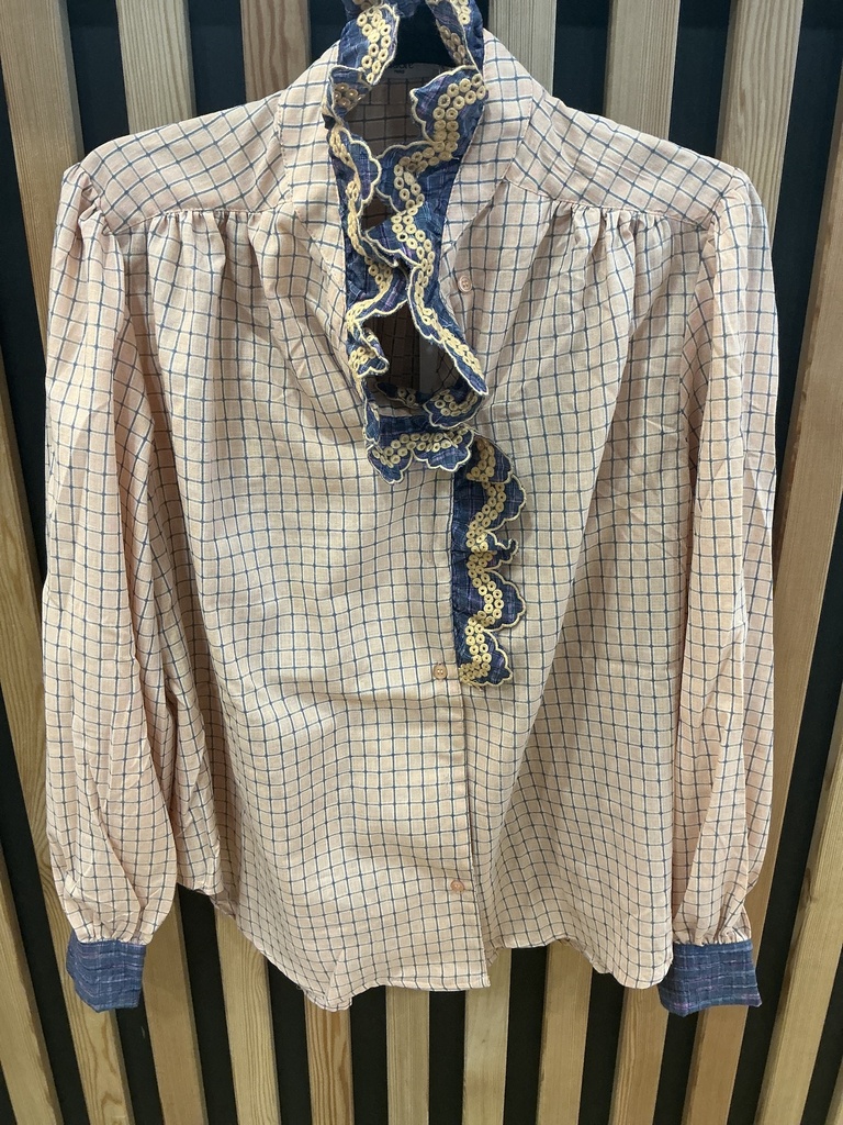 Chemise col volant carreaux pêche